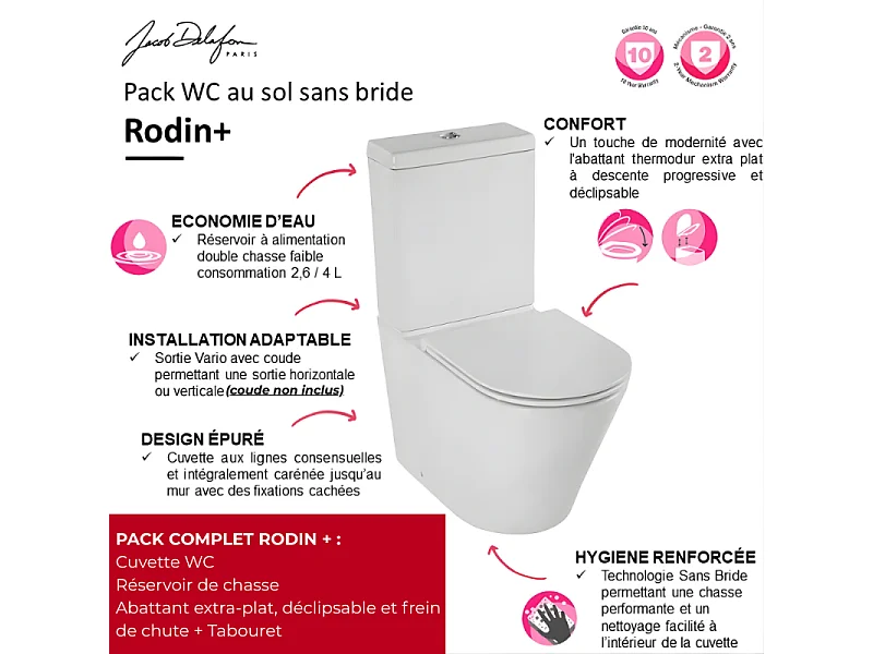 WC à poser sans bride sortie universelle JACOB DELAFON Rodin+ avec abattant frein de chute + tabouret physiologique blanc