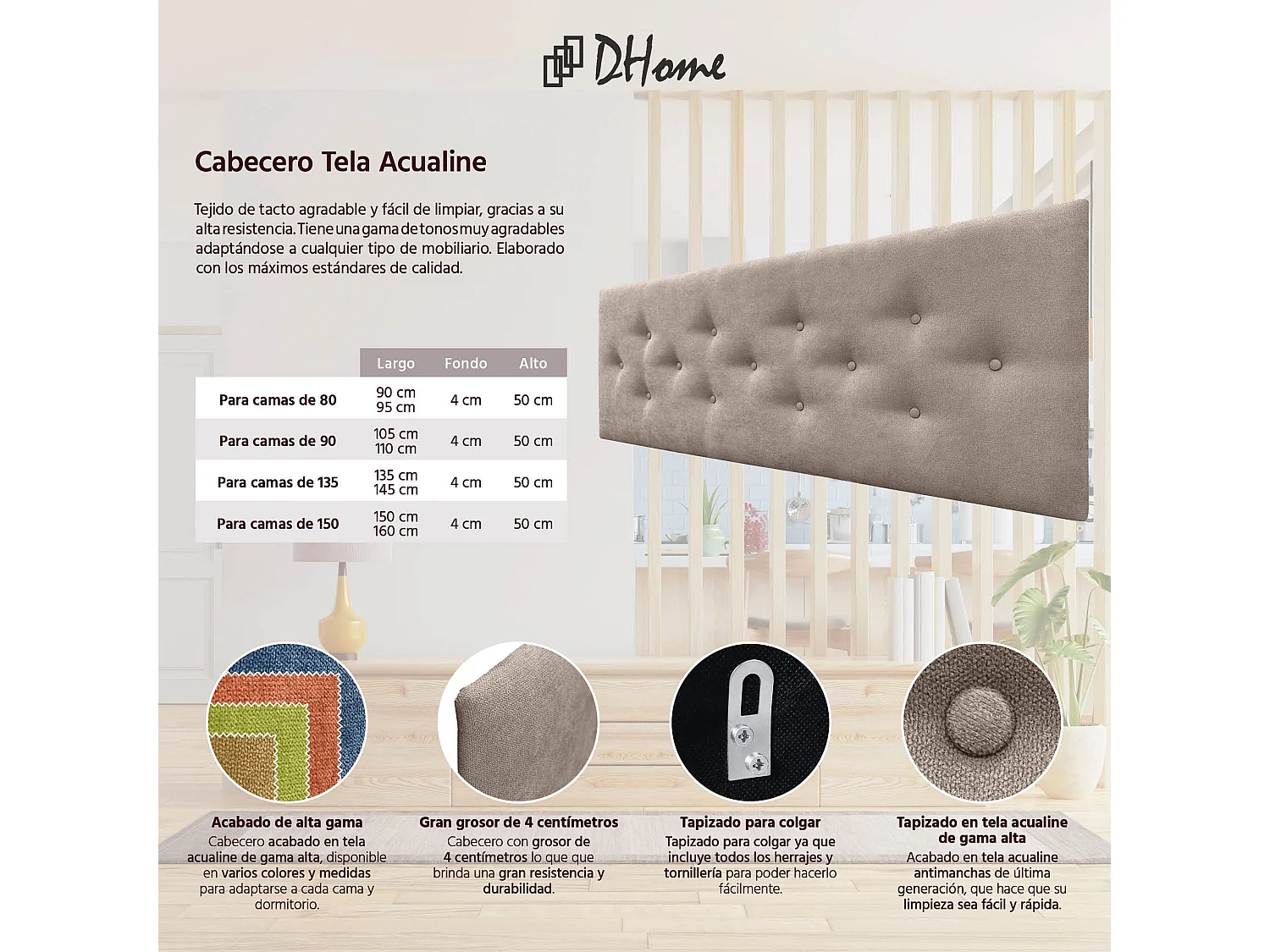 DHOME Tête de Lit en Tissu ACUALINE avec 3 Rangées Entrelacées de Boutons Tête de Lit Capitonnée de Luxe(Tierra, 135cm)