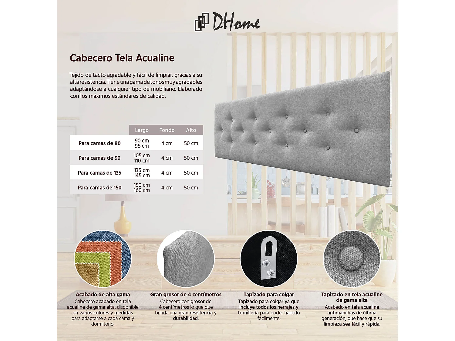 DHOME Tête de Lit en Tissu ACUALINE avec 3 Rangées Entrelacées de Boutons Tête de Lit Capitonnée de Luxe(Gris, 150cm)