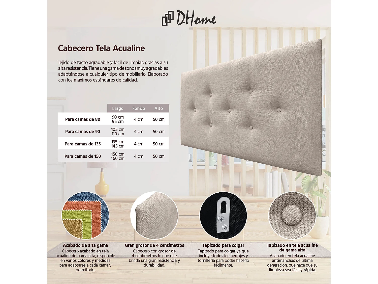 DHOME Tête de Lit en Tissu ACUALINE avec 3 Rangées Entrelacées de Boutons Tête de Lit Capitonnée de Luxe(Beige, 90cm)
