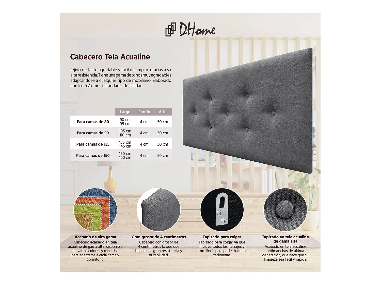 DHOME Tête de Lit en Tissu ACUALINE avec 3 Rangées Entrelacées de Boutons Tête de Lit Capitonnée de Luxe(Gris Ceniza, 90cm)