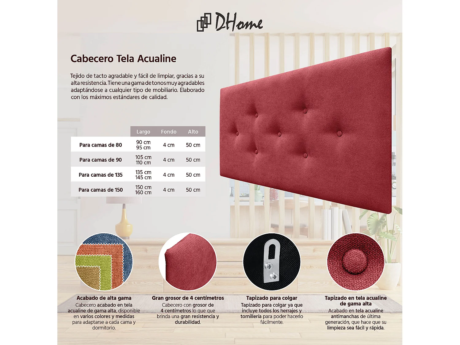 DHOME Tête de Lit en Tissu ACUALINE avec 3 Rangées Entrelacées de Boutons Tête de Lit Capitonnée de Luxe(Rouge, 110cm)