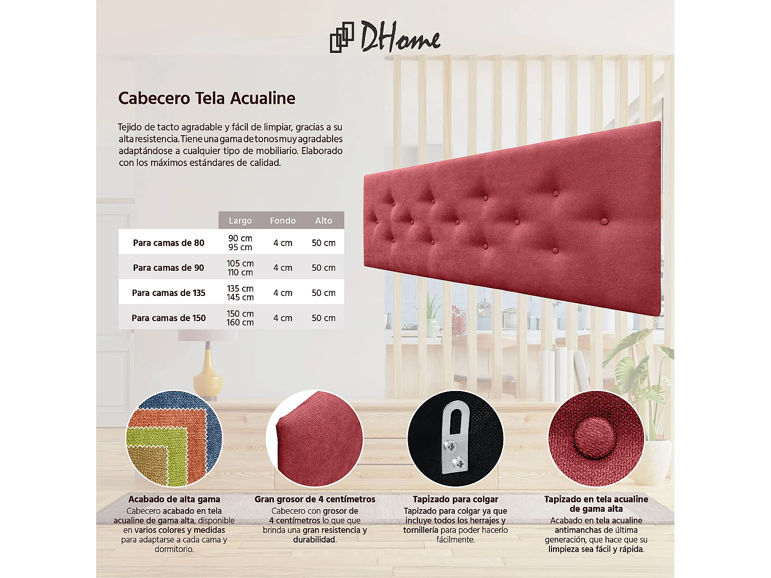 DHOME Tête de Lit en Tissu ACUALINE avec 3 Rangées Entrelacées de Boutons Tête de Lit Capitonnée de Luxe(Rouge, 145cm)