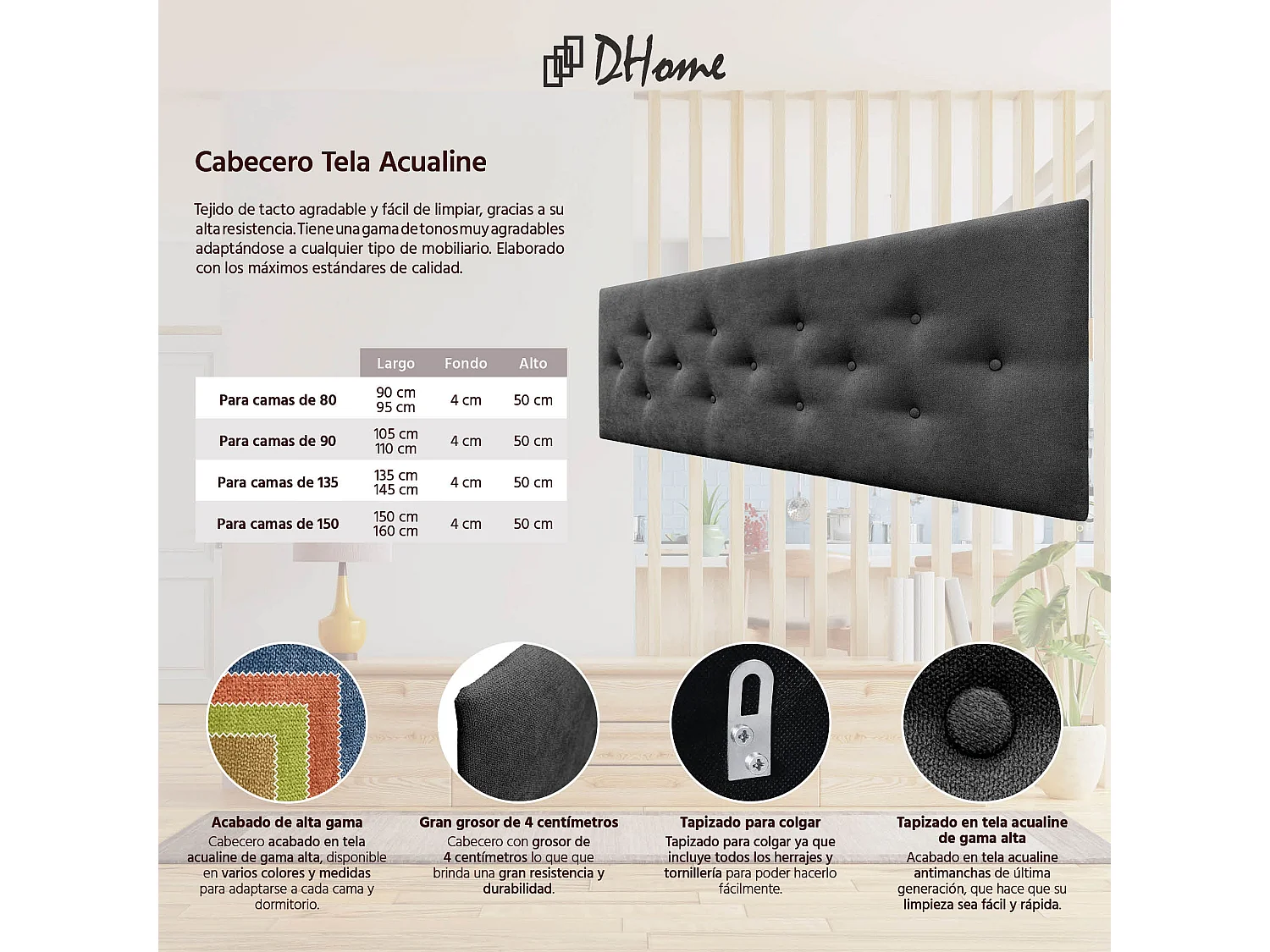 DHOME Tête de Lit en Tissu ACUALINE avec 3 Rangées Entrelacées de Boutons Tête de Lit Capitonnée de Luxe(Noir, 145cm)