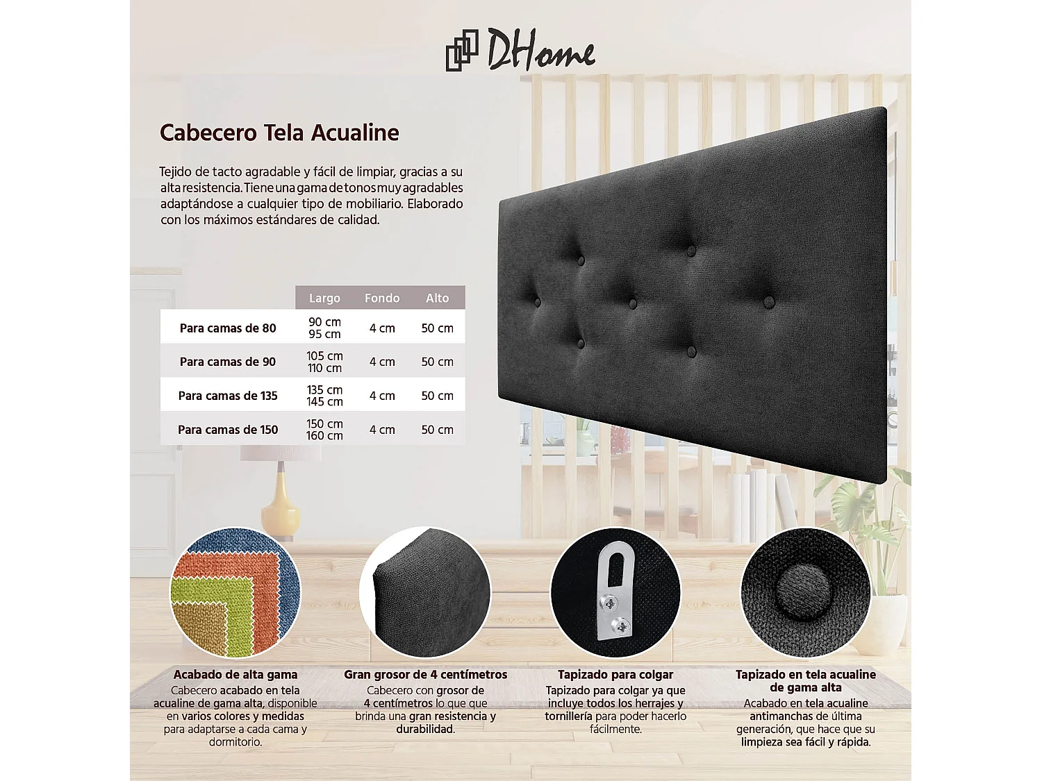 DHOME Tête de Lit en Tissu ACUALINE avec 3 Rangées Entrelacées de Boutons Tête de Lit Capitonnée de Luxe(Noir, 110cm)