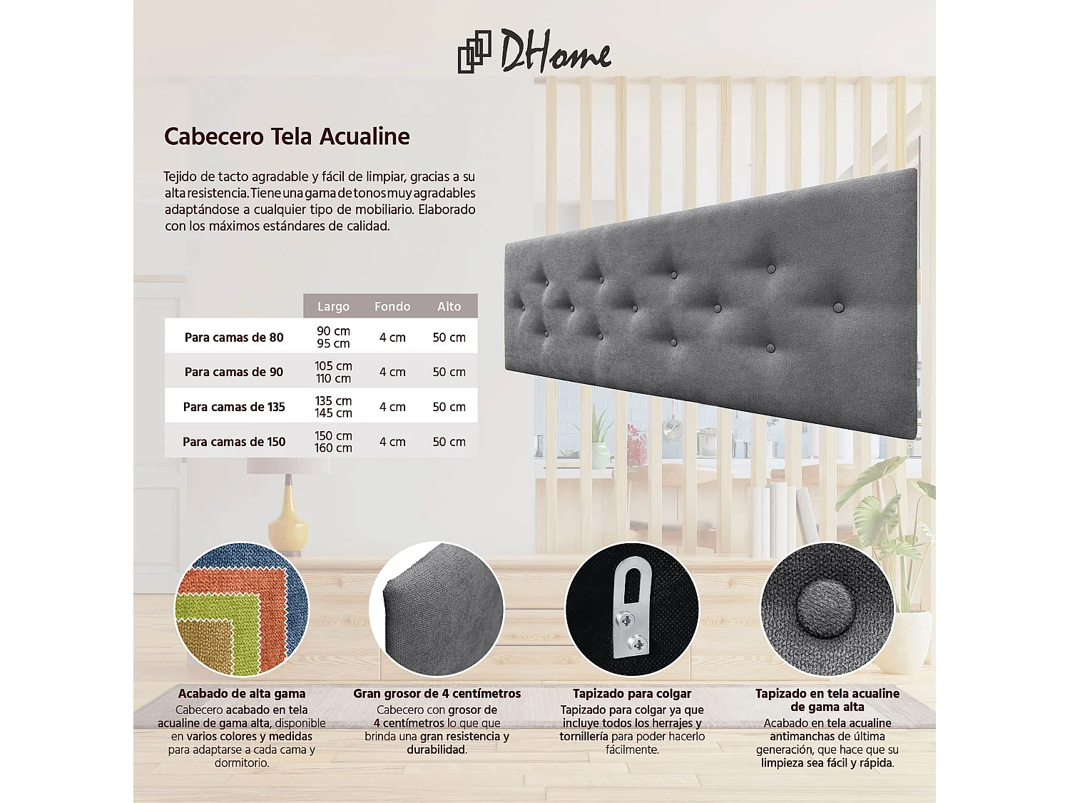 DHOME Tête de Lit en Tissu ACUALINE avec 3 Rangées Entrelacées de Boutons Tête de Lit Capitonnée de Luxe(Gris Ceniza, 160cm)