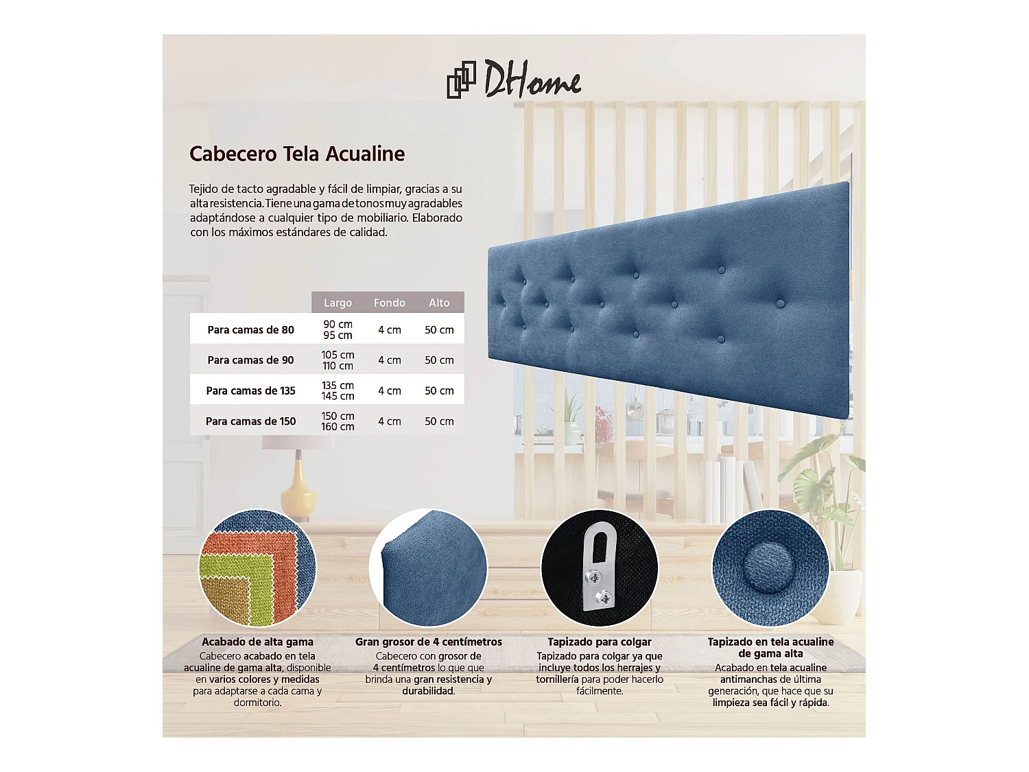 DHOME Tête de Lit en Tissu ACUALINE avec 3 Rangées Entrelacées de Boutons Tête de Lit Capitonnée de Luxe(Bleu, 150cm)
