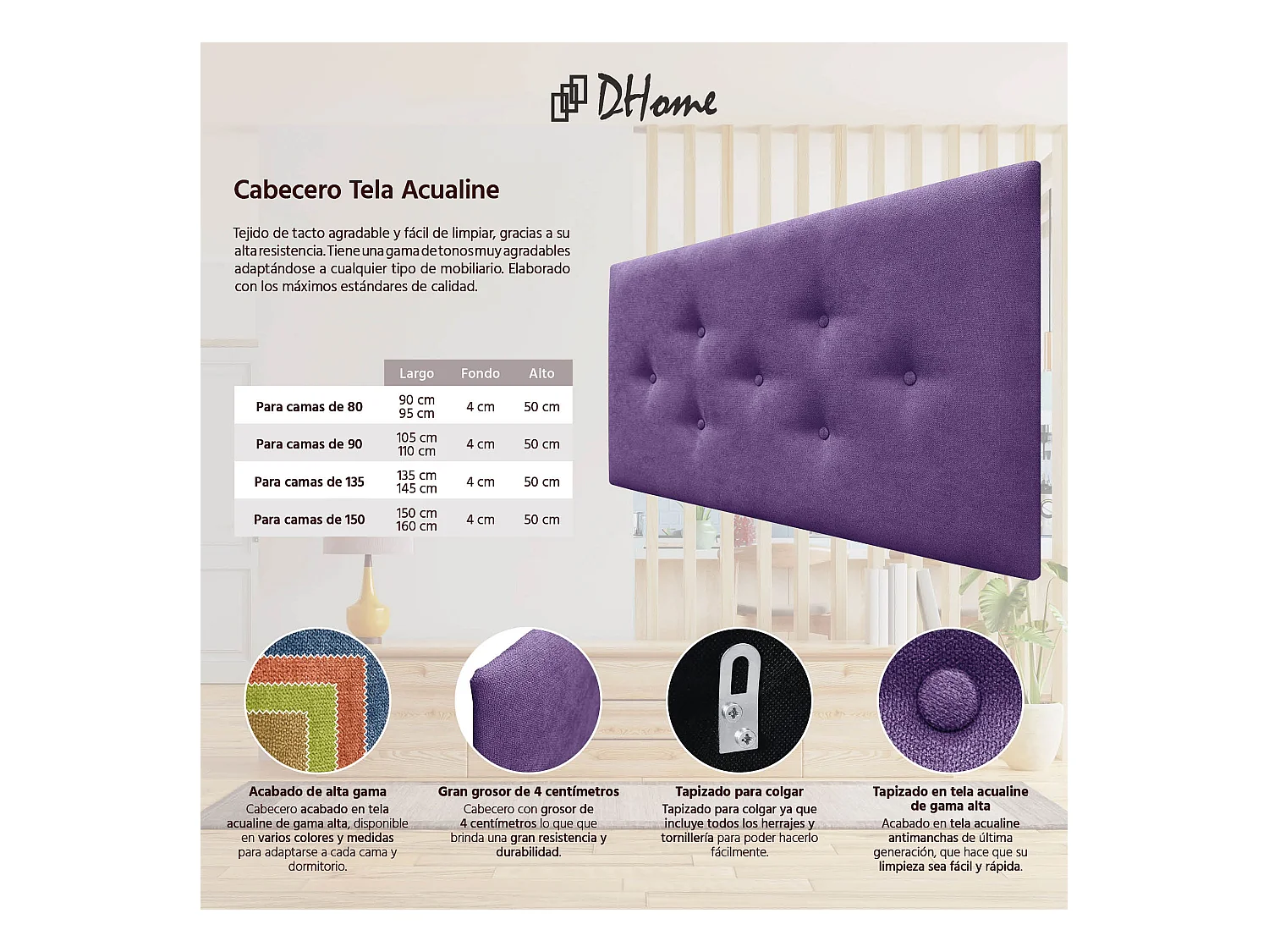 DHOME Tête de Lit en Tissu ACUALINE avec 3 Rangées Entrelacées de Boutons Tête de Lit Capitonnée de Luxe(Lilas, 90cm)