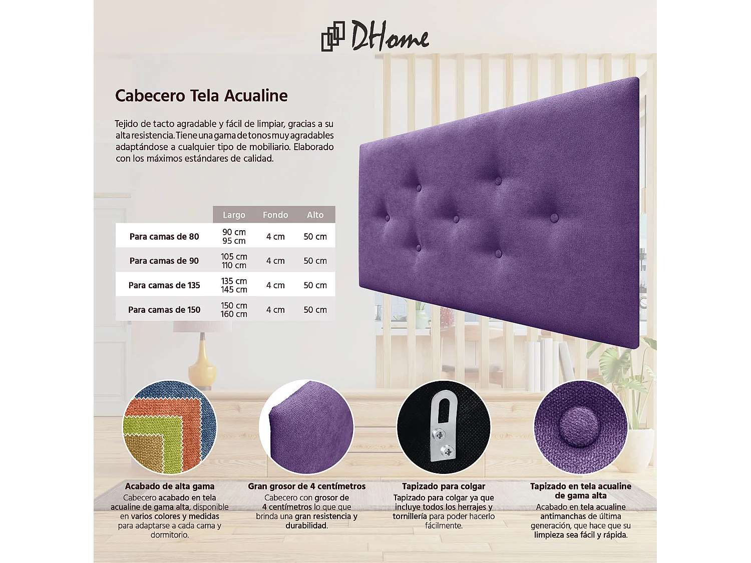 DHOME Tête de Lit en Tissu ACUALINE avec 3 Rangées Entrelacées de Boutons Tête de Lit Capitonnée de Luxe(Lilas, 90cm)