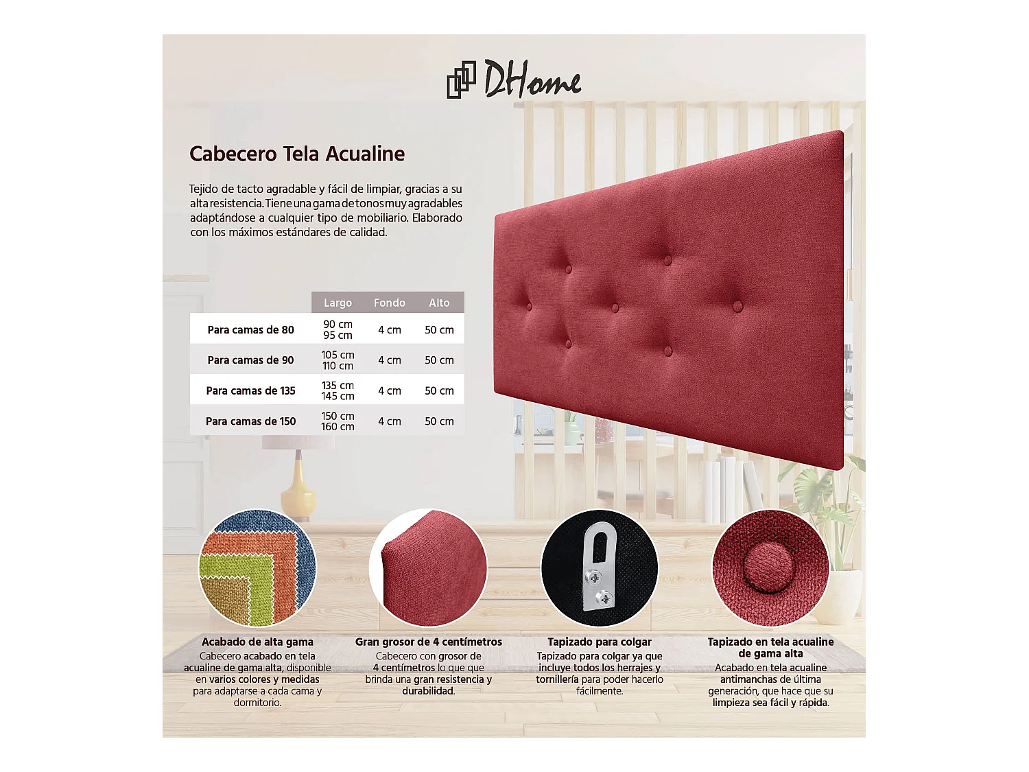 DHOME Tête de Lit en Tissu ACUALINE avec 3 Rangées Entrelacées de Boutons Tête de Lit Capitonnée de Luxe(Rouge, 90cm)