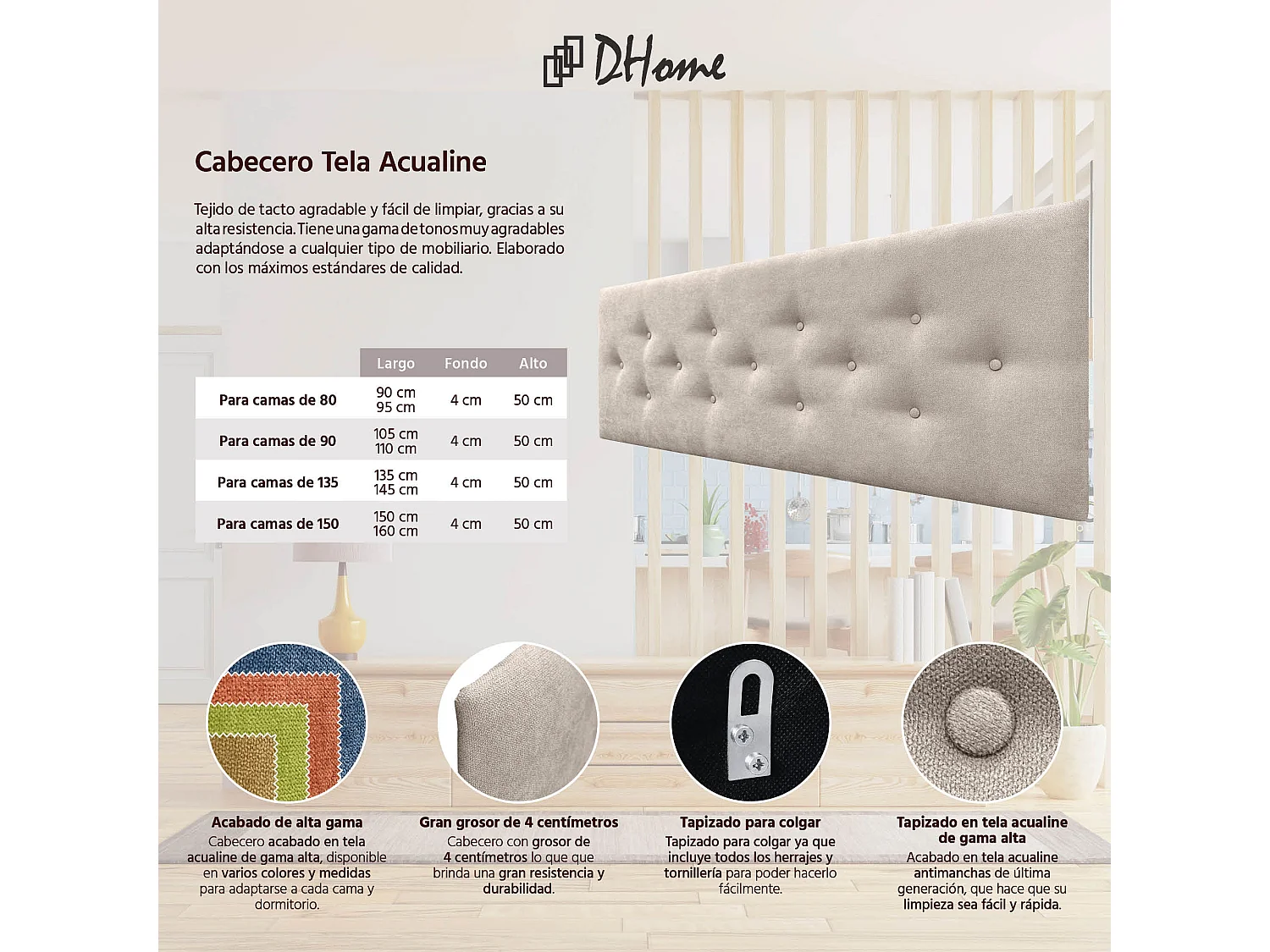 DHOME Tête de Lit en Tissu ACUALINE avec 3 Rangées Entrelacées de Boutons Tête de Lit Capitonnée de Luxe(Beige, 145cm)