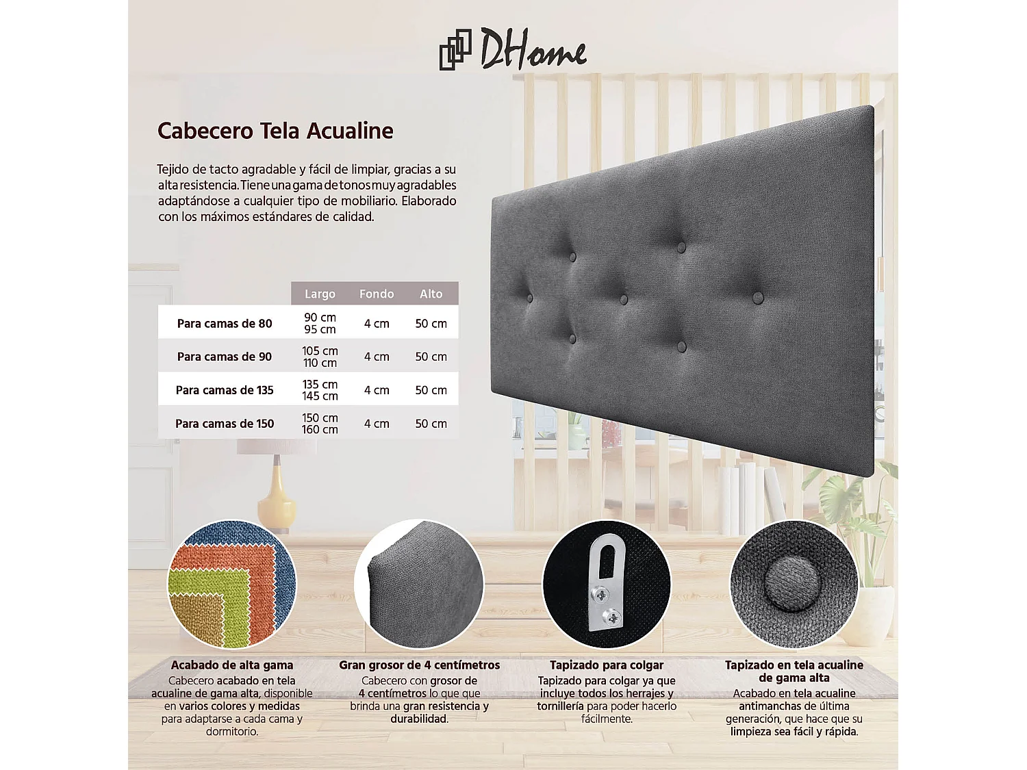 DHOME Tête de Lit en Tissu ACUALINE avec 3 Rangées Entrelacées de Boutons Tête de Lit Capitonnée de Luxe(Gris Ceniza, 105cm)