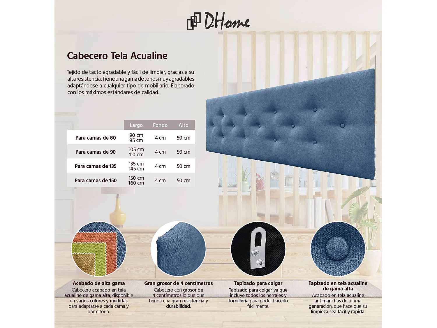 DHOME Tête de Lit en Tissu ACUALINE avec 3 Rangées Entrelacées de Boutons Tête de Lit Capitonnée de Luxe(Bleu, 145cm)
