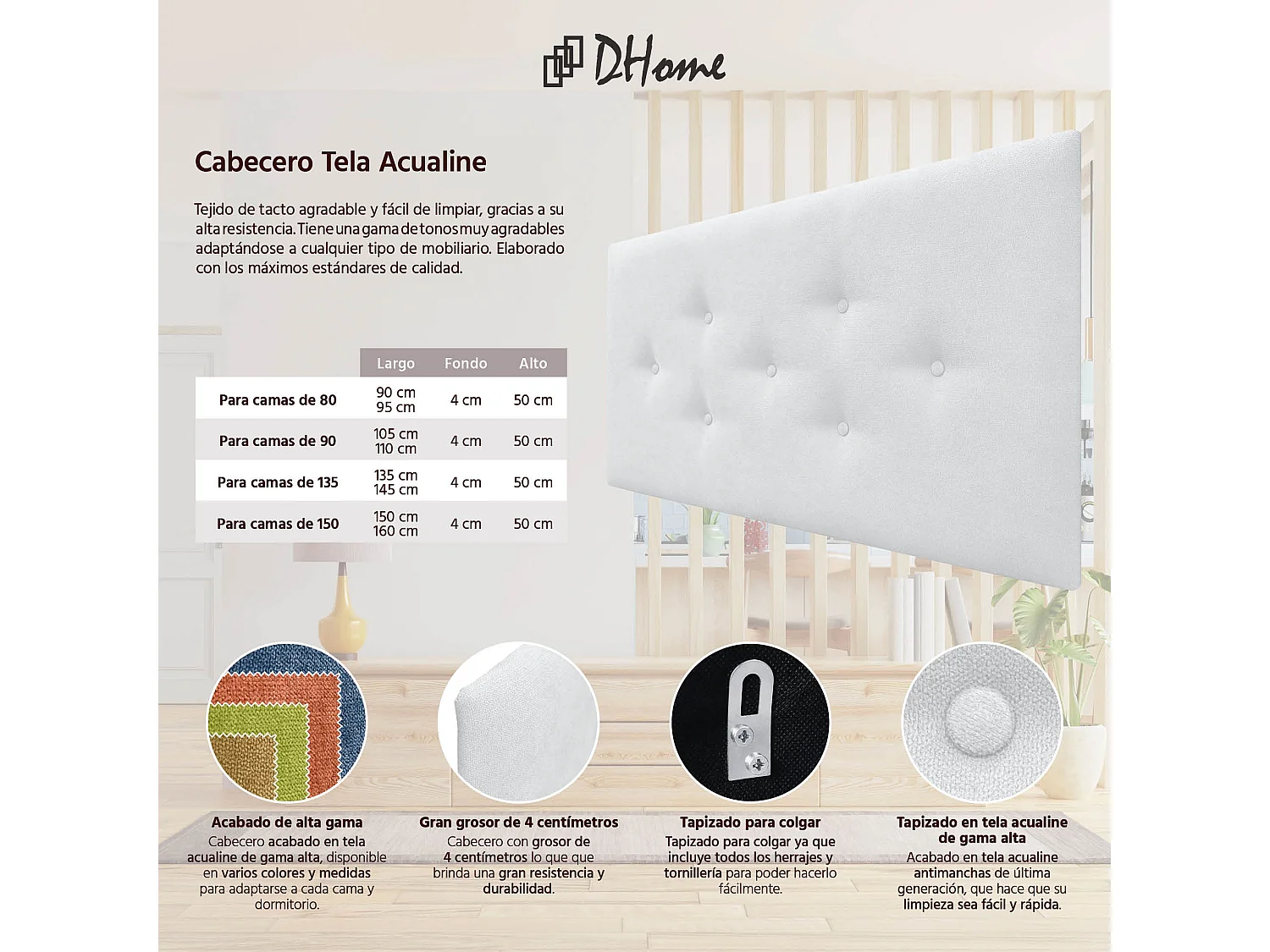 DHOME Tête de Lit en Tissu ACUALINE avec 3 Rangées Entrelacées de Boutons Tête de Lit Capitonnée de Luxe(Blanc, 95cm)
