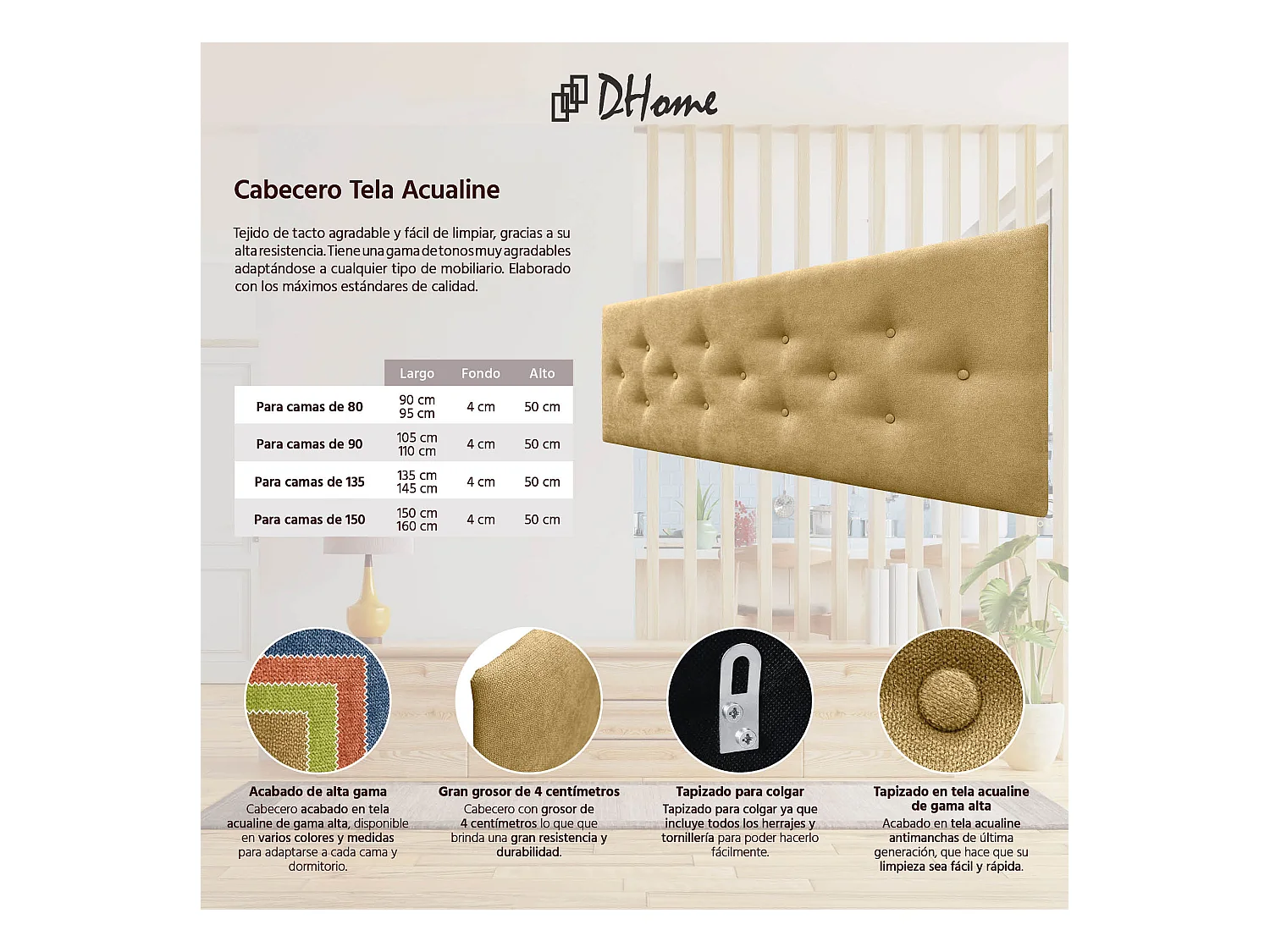 DHOME Tête de Lit en Tissu ACUALINE avec 3 Rangées Entrelacées de Boutons Tête de Lit Capitonnée de Luxe(Moutarde, 135cm)