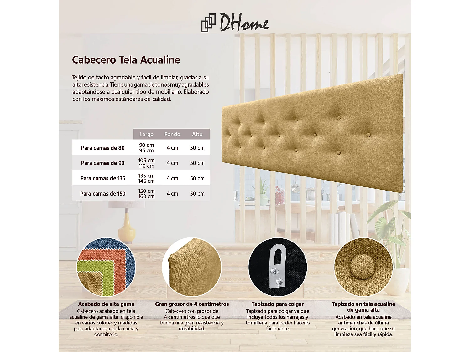 DHOME Tête de Lit en Tissu ACUALINE avec 3 Rangées Entrelacées de Boutons Tête de Lit Capitonnée de Luxe(Moutarde, 135cm)