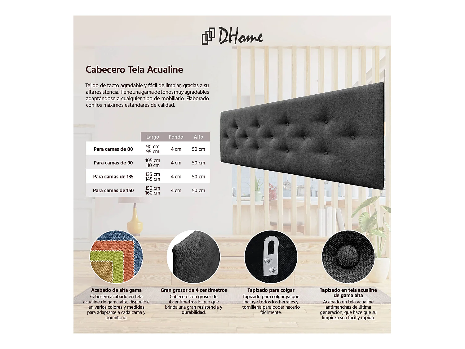 DHOME Tête de Lit en Tissu ACUALINE avec 3 Rangées Entrelacées de Boutons Tête de Lit Capitonnée de Luxe(Noir, 160cm)