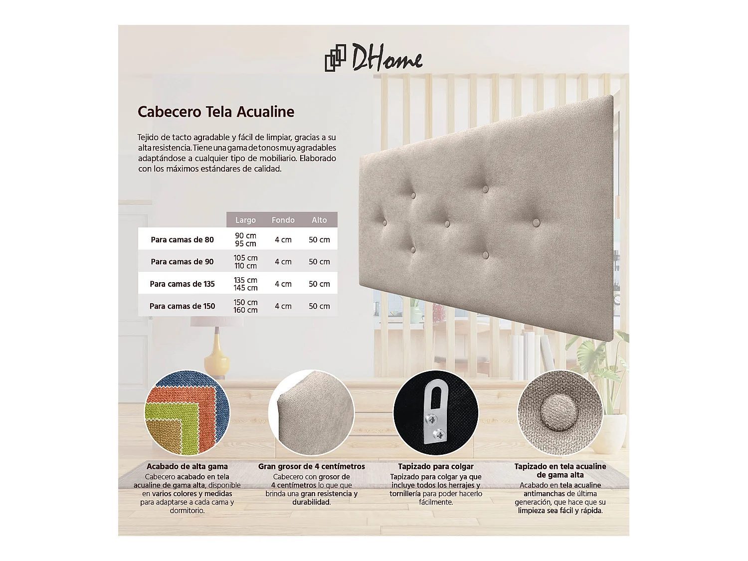 DHOME Tête de Lit en Tissu ACUALINE avec 3 Rangées Entrelacées de Boutons Tête de Lit Capitonnée de Luxe(Beige, 95cm)