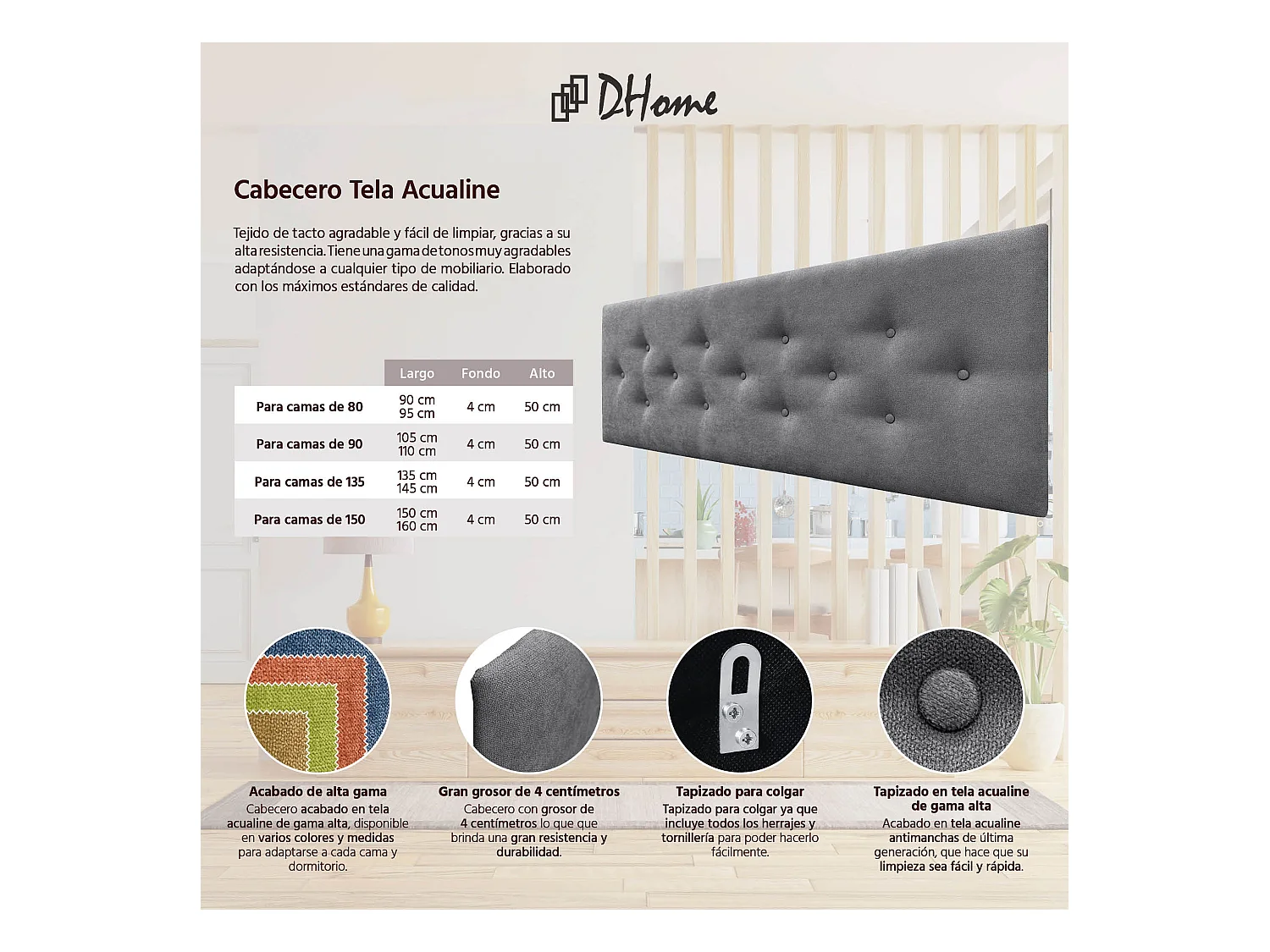 DHOME Tête de Lit en Tissu ACUALINE avec 3 Rangées Entrelacées de Boutons Tête de Lit Capitonnée de Luxe(Gris Ceniza, 150cm)