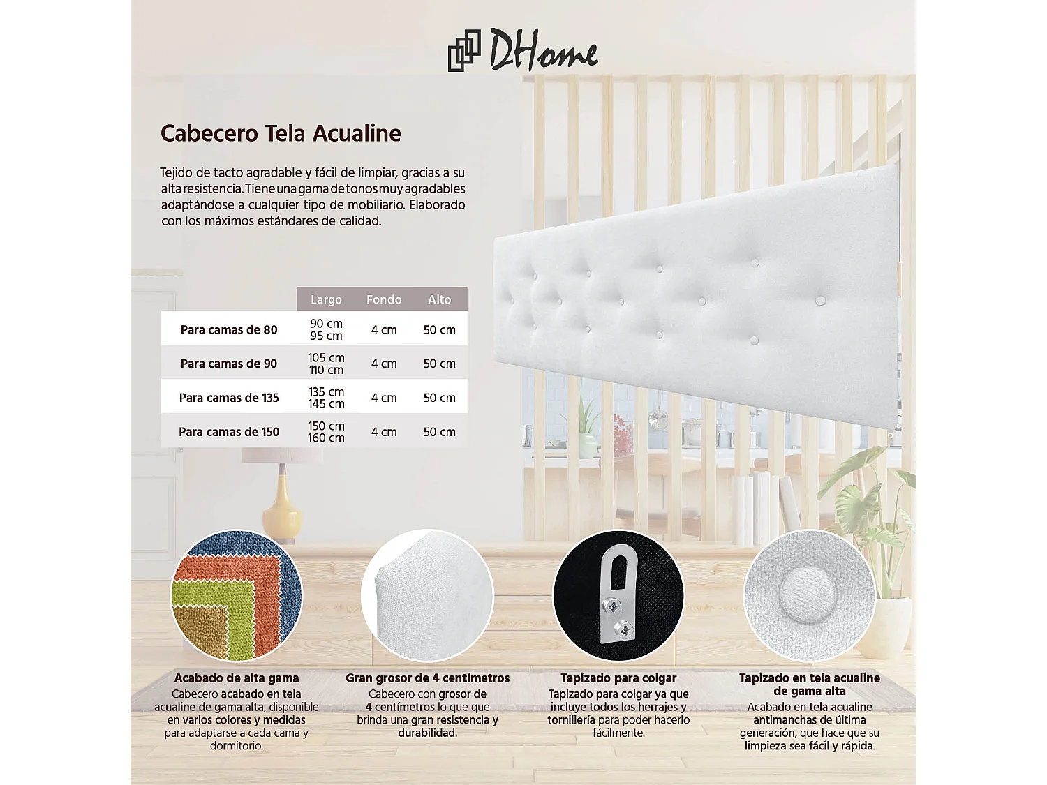 DHOME Tête de Lit en Tissu ACUALINE avec 3 Rangées Entrelacées de Boutons Tête de Lit Capitonnée de Luxe(Blanc, 145cm)