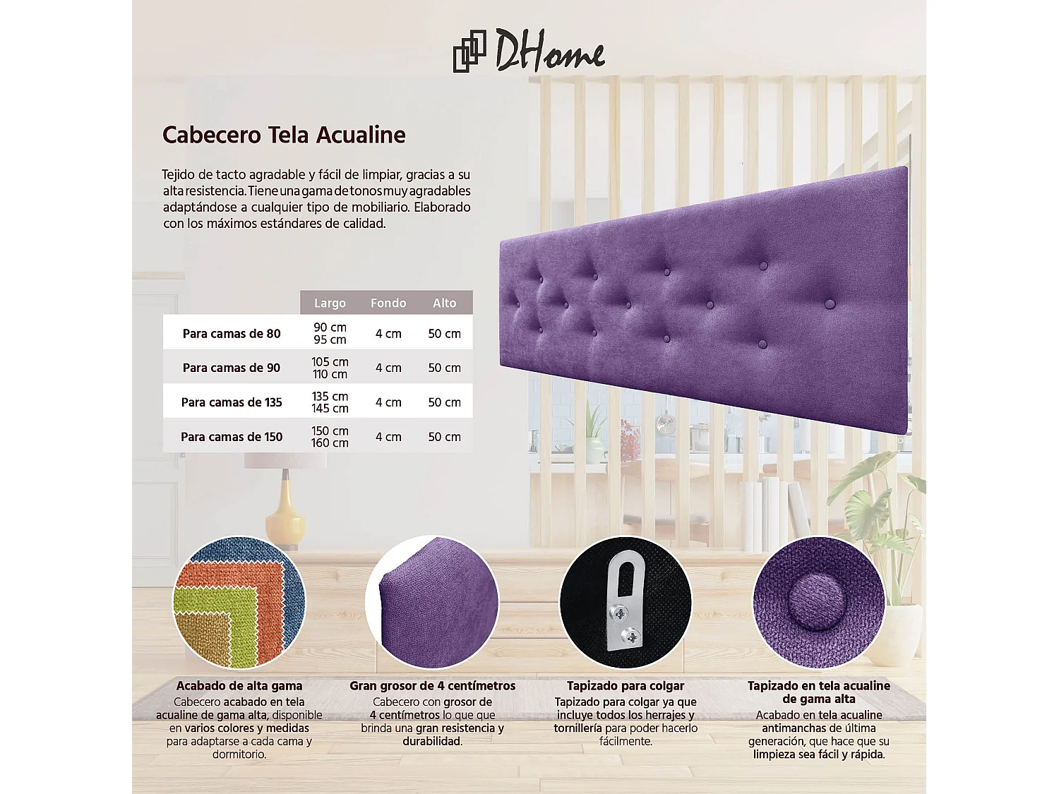 DHOME Tête de Lit en Tissu ACUALINE avec 3 Rangées Entrelacées de Boutons Tête de Lit Capitonnée de Luxe(Lilas, 160cm)