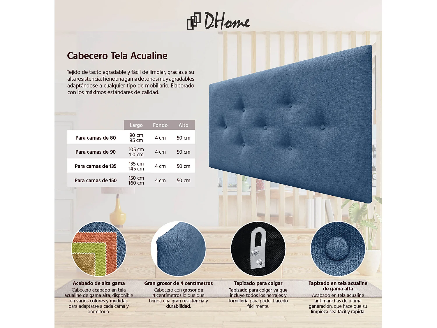 DHOME Tête de Lit en Tissu ACUALINE avec 3 Rangées Entrelacées de Boutons Tête de Lit Capitonnée de Luxe(Bleu, 95cm)