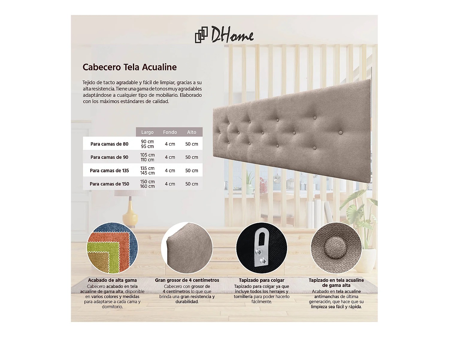DHOME Tête de Lit en Tissu ACUALINE avec 3 Rangées Entrelacées de Boutons Tête de Lit Capitonnée de Luxe(Tierra, 150cm)