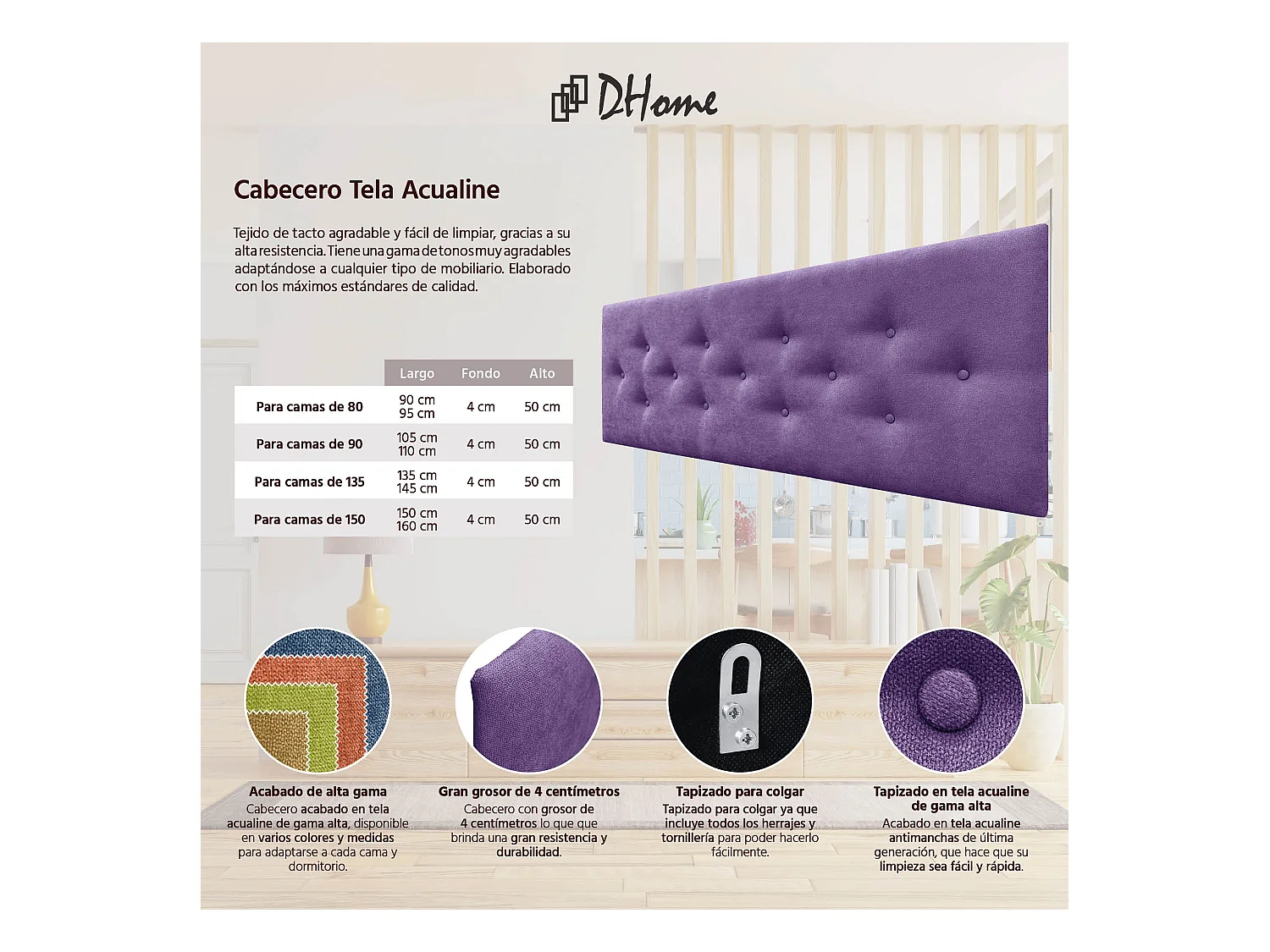 DHOME Tête de Lit en Tissu ACUALINE avec 3 Rangées Entrelacées de Boutons Tête de Lit Capitonnée de Luxe(Lilas, 150cm)