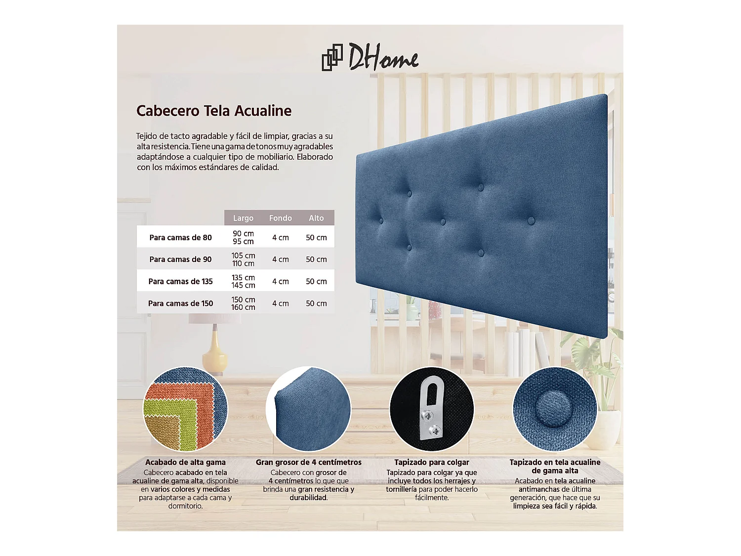 DHOME Tête de Lit en Tissu ACUALINE avec 3 Rangées Entrelacées de Boutons Tête de Lit Capitonnée de Luxe(Bleu, 105cm)