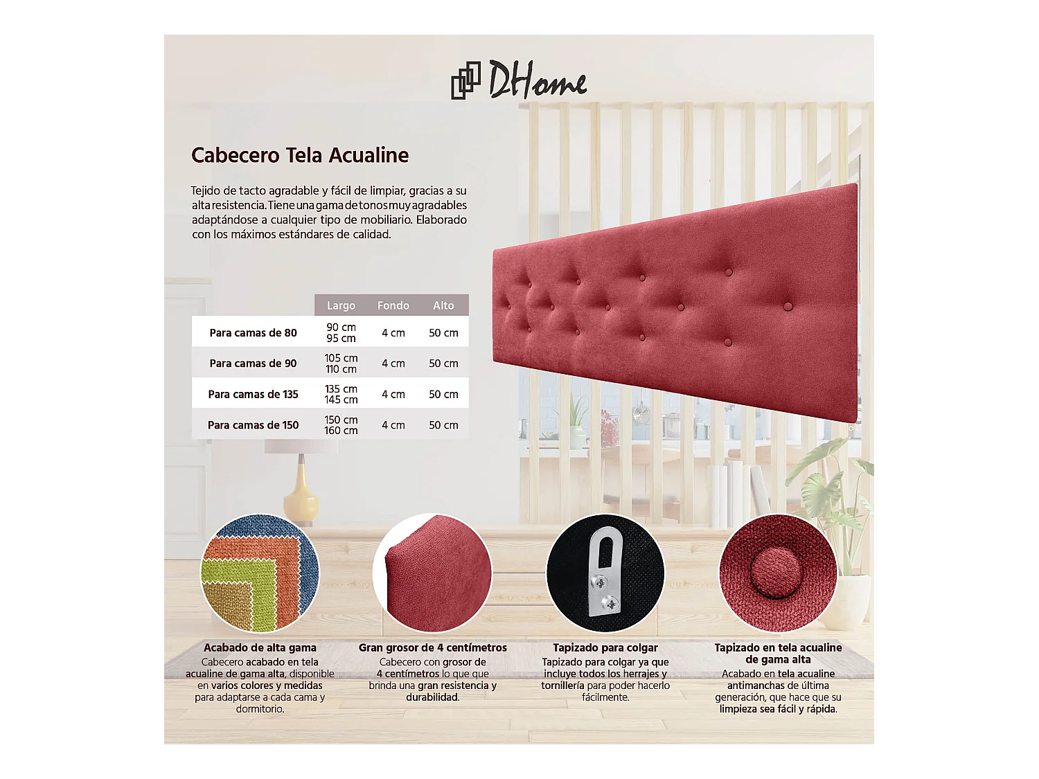 DHOME Tête de Lit en Tissu ACUALINE avec 3 Rangées Entrelacées de Boutons Tête de Lit Capitonnée de Luxe(Rouge, 135cm)