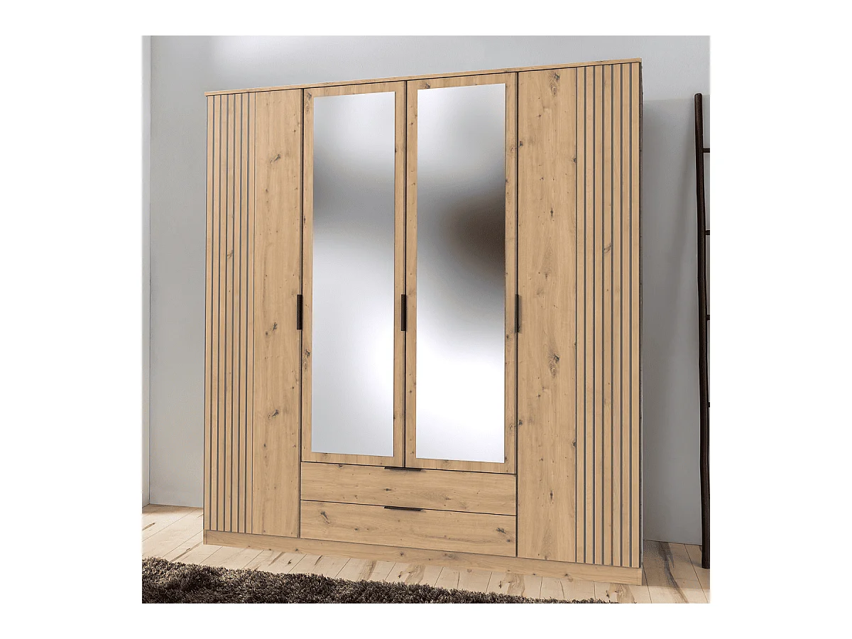 Armoire 4 portes battantes avec 1 miroir et 2 tiroirs L180 cm - LUEBECK