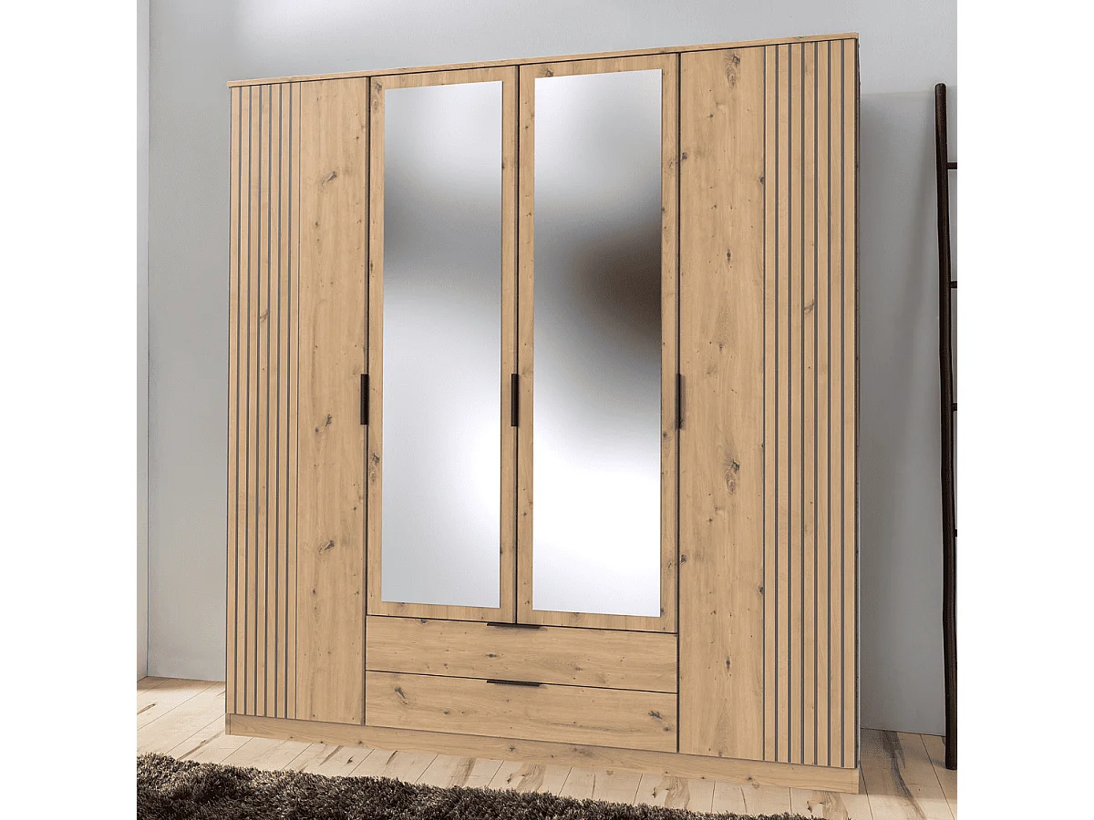 Armoire 4 portes battantes avec 1 miroir et 2 tiroirs L180 cm - LUEBECK