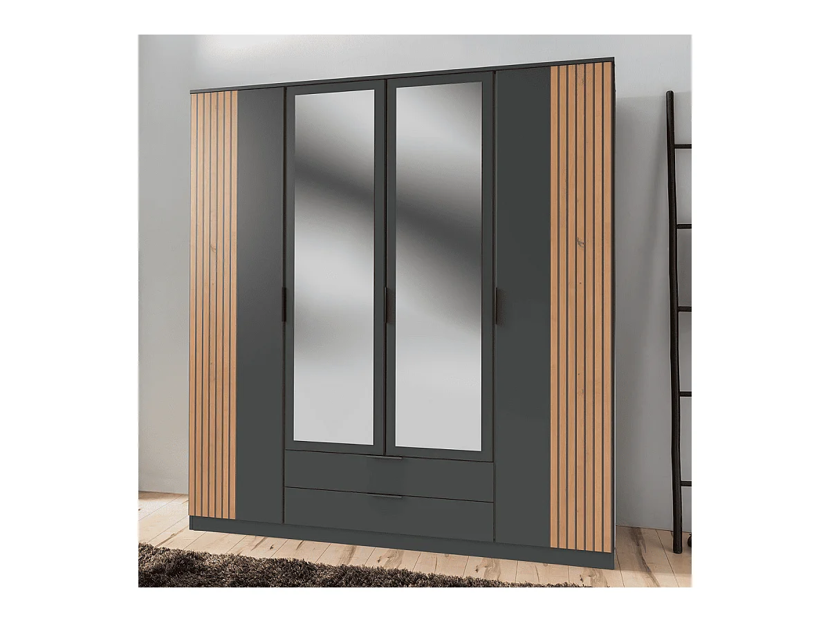 Armoire 4 portes battantes avec 1 miroir et 2 tiroirs L180 cm - LUEBECK