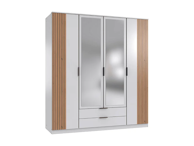 Armoire 4 portes battantes avec 1 miroir et 2 tiroirs L180 cm - LUEBECK