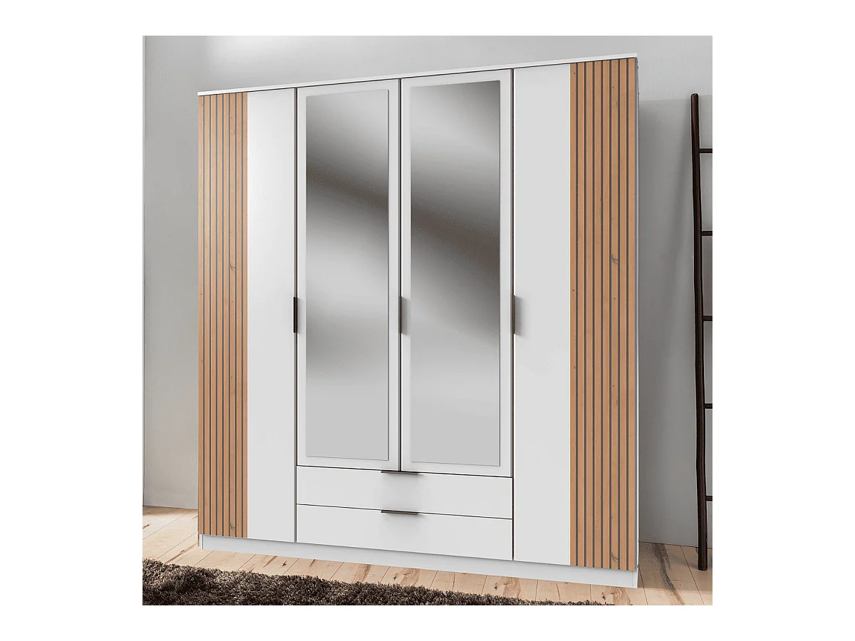 Armoire 4 portes battantes avec 1 miroir et 2 tiroirs L180 cm - LUEBECK