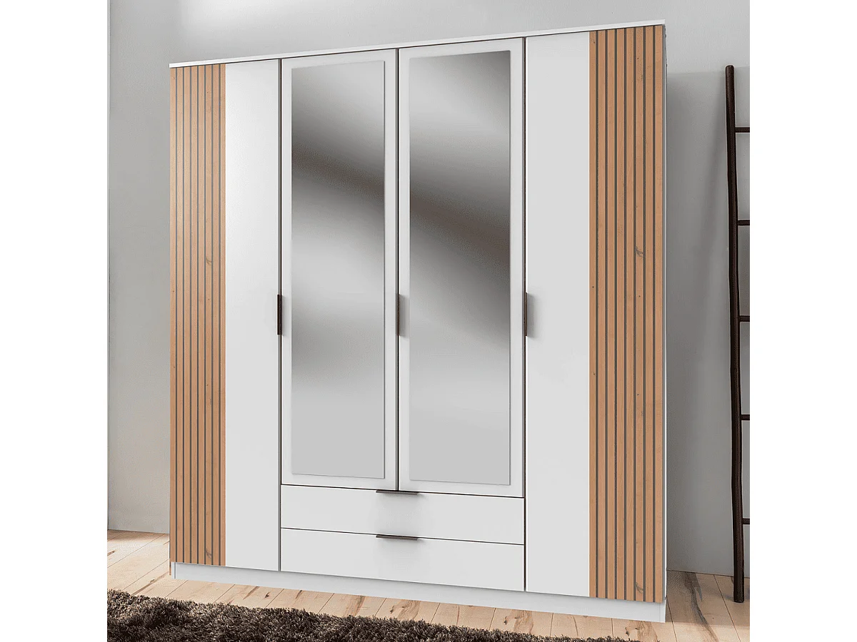 Armoire 4 portes battantes avec 1 miroir et 2 tiroirs L180 cm - LUEBECK