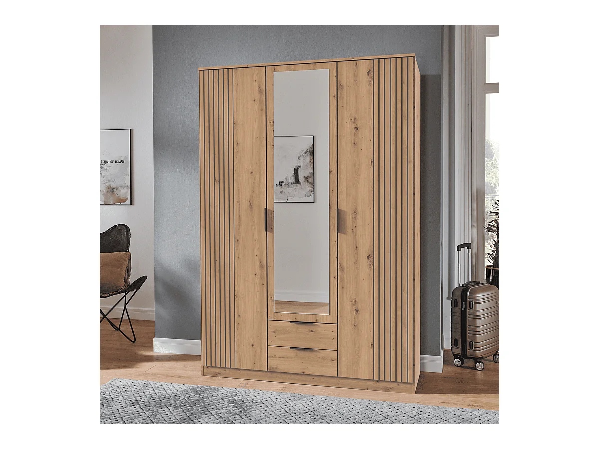 Armoire 3 portes battantes avec 1 miroir et 2 tiroirs L135 cm - LUEBECK