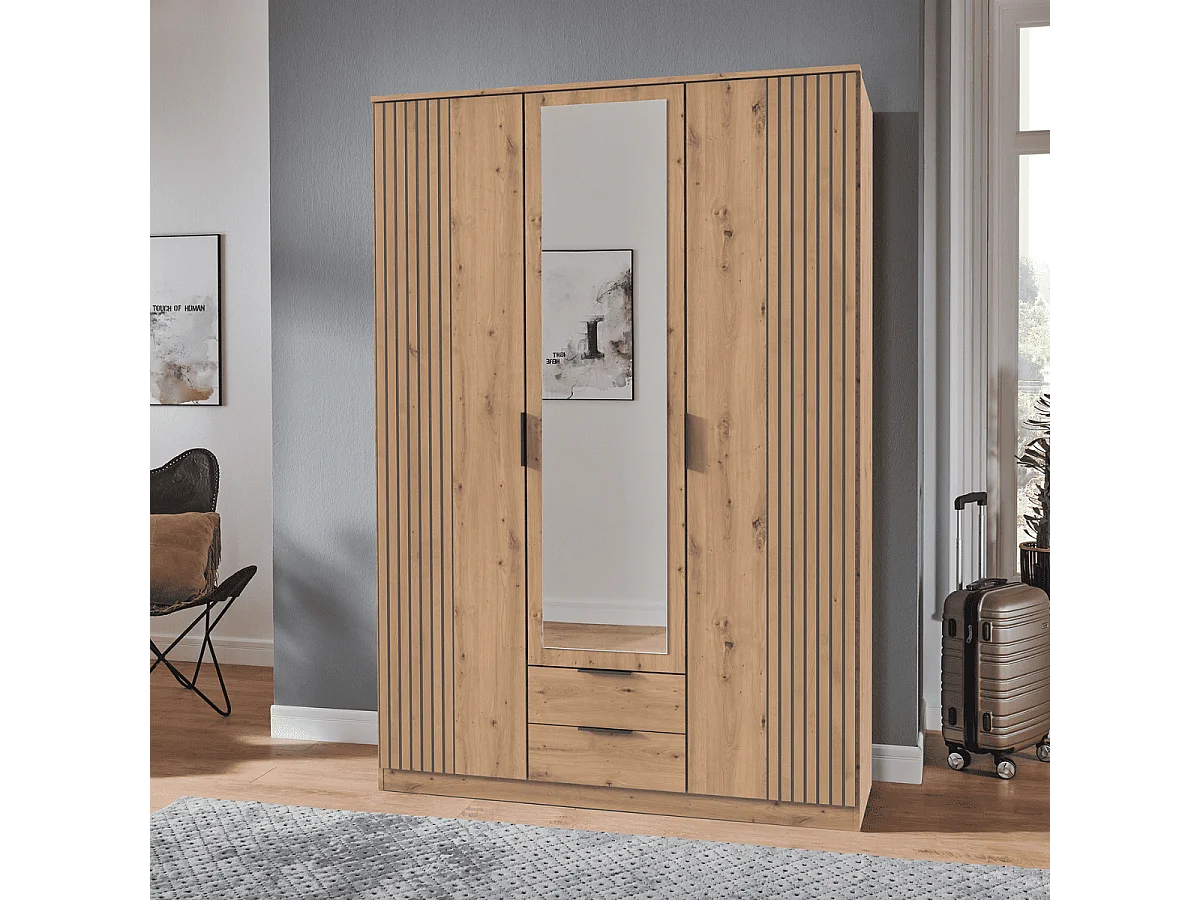 Kast 3 draaideuren met 1 spiegel en 2 laden L135 cm - LUEBECK