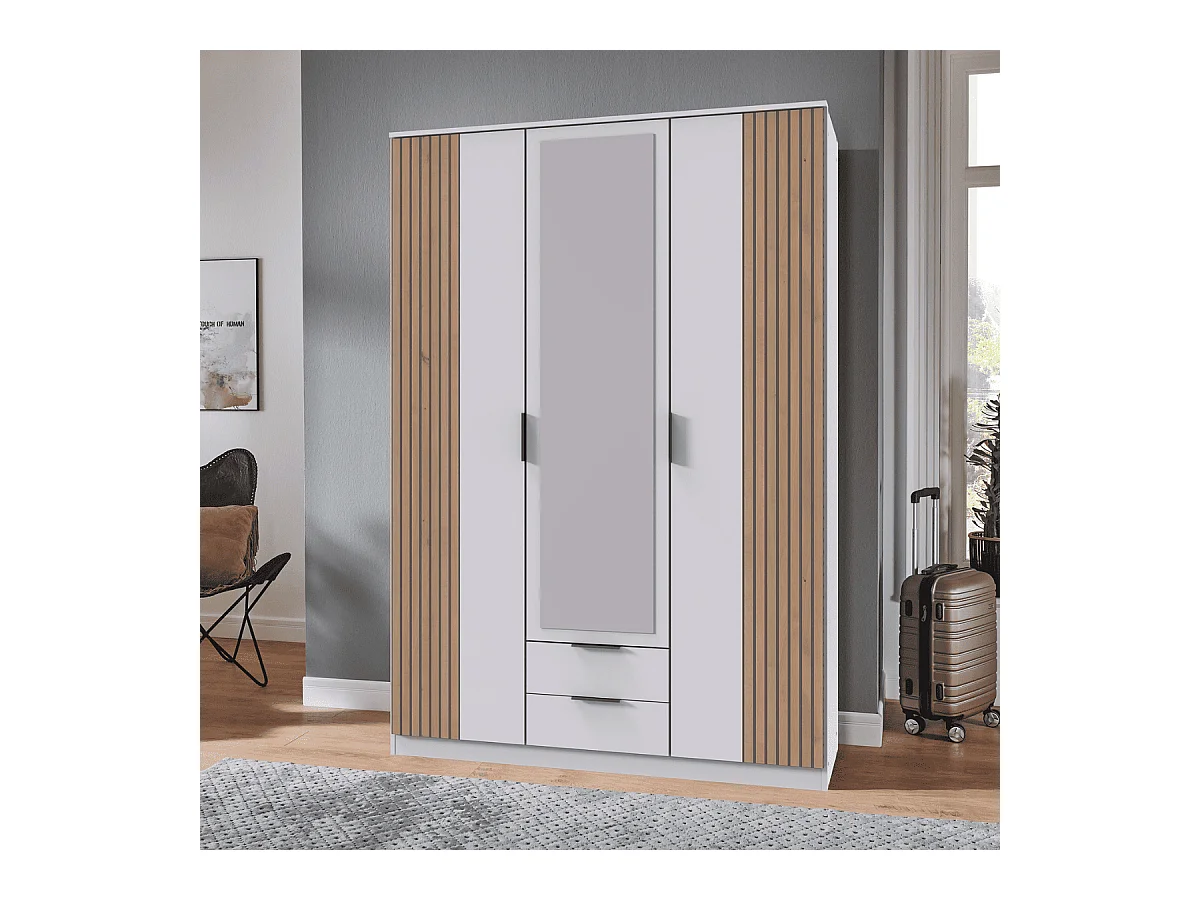 Armoire 3 portes battantes avec 1 miroir et 2 tiroirs L135 cm - LUEBECK