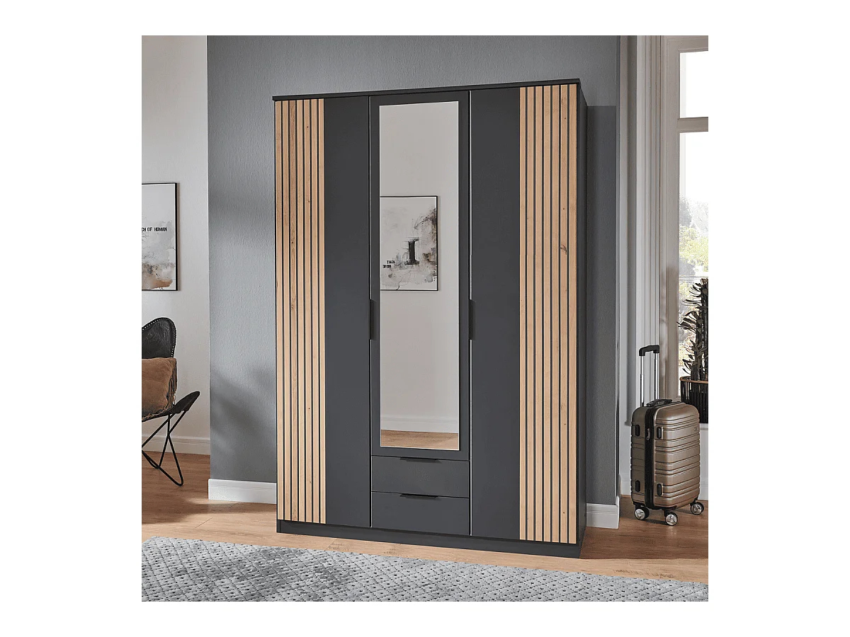 Armoire 3 portes battantes avec 1 miroir et 2 tiroirs L135 cm - LUEBECK