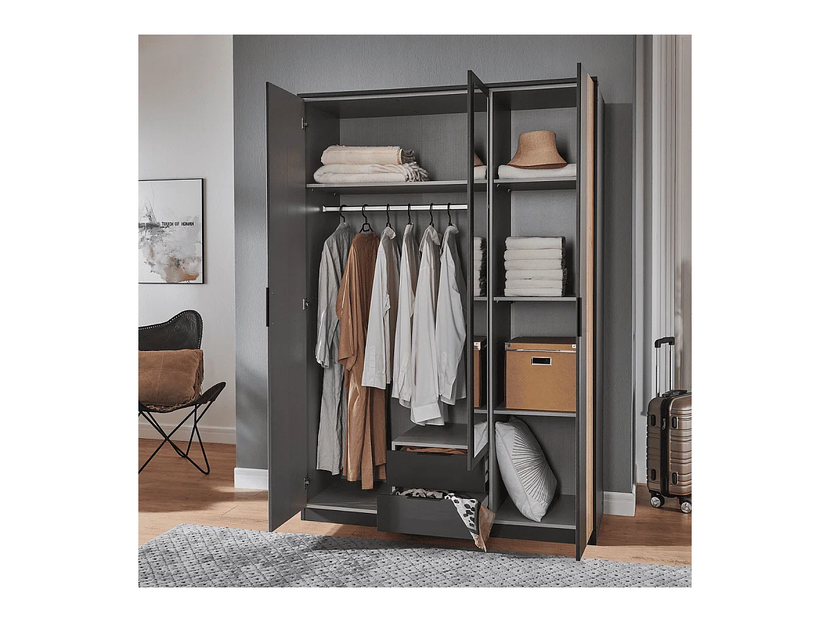 Armoire 3 portes battantes avec 1 miroir et 2 tiroirs L135 cm - LUEBECK