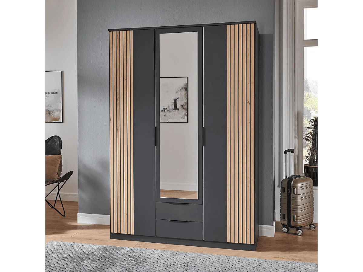 Armoire 3 portes battantes avec 1 miroir et 2 tiroirs L135 cm - LUEBECK