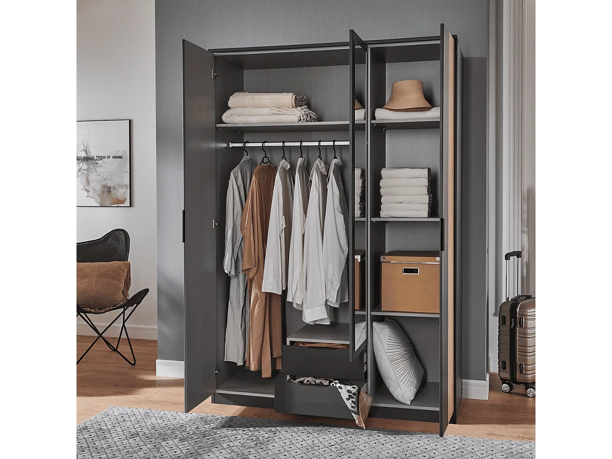 Armoire 3 portes battantes avec 1 miroir et 2 tiroirs L135 cm - LUEBECK