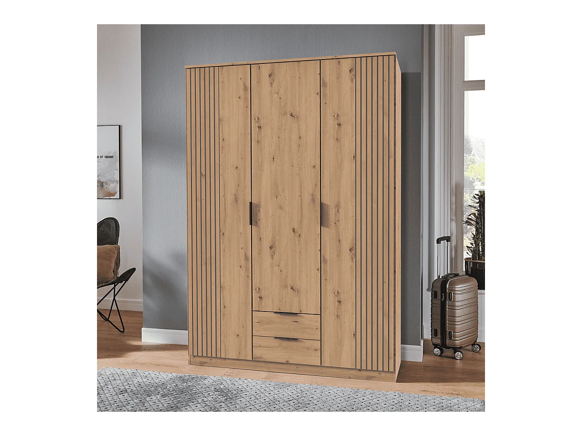 Armoire 3 portes battantes et 2 tiroirs L135 cm - LUEBECK