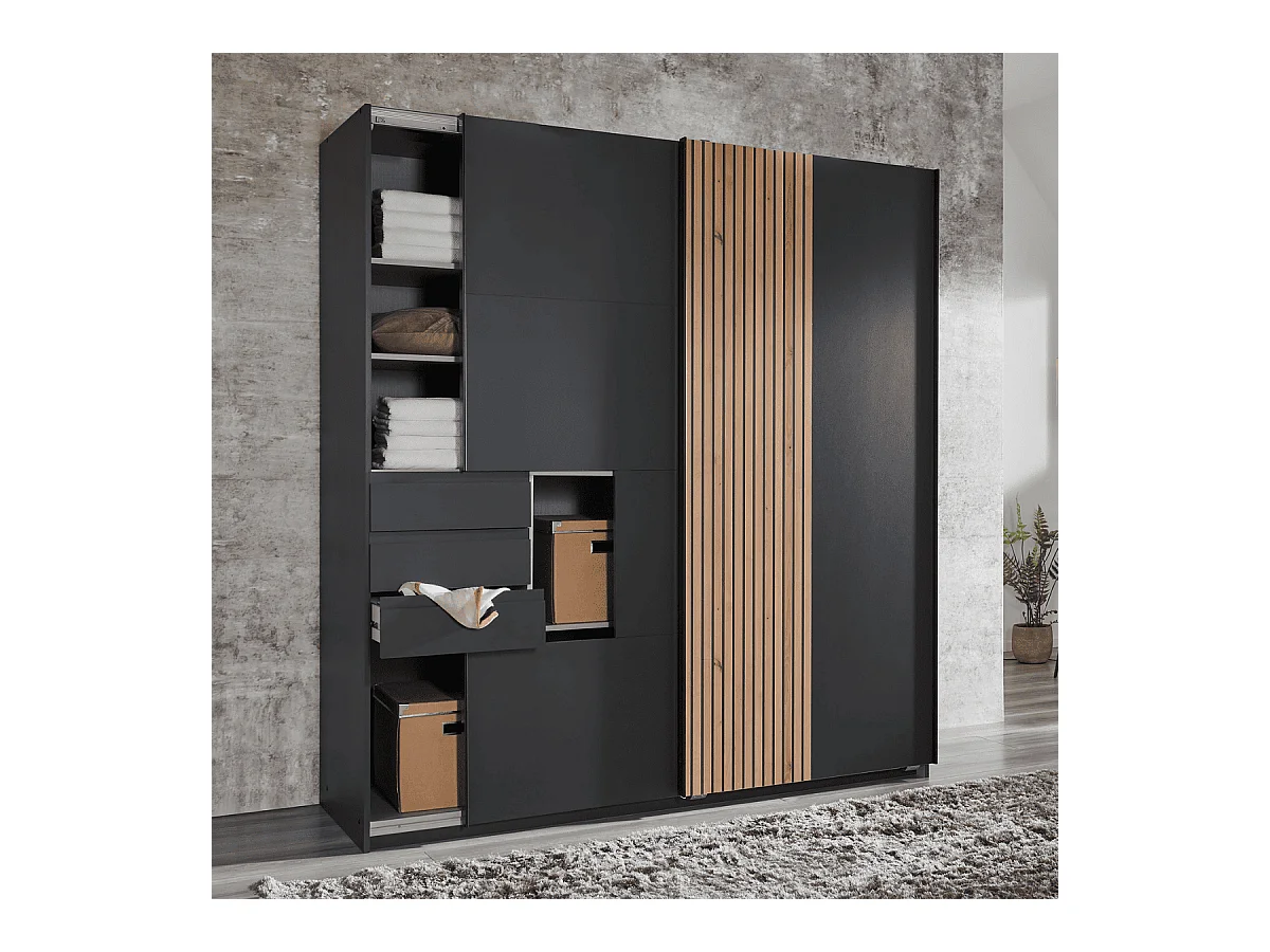 Armoire 2 portes coulissantes avec 3 tiroirs L180 cm - COBURG