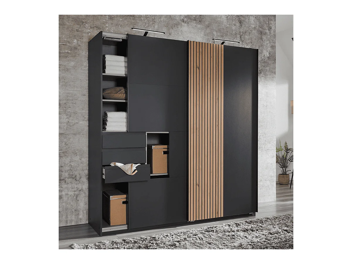 Armoire 2 portes coulissantes avec 3 tiroirs L180 cm - COBURG