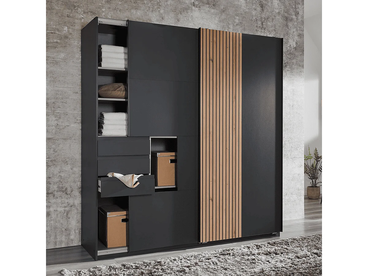 Schrank 2 Schiebetüren mit 3 Schubladen L180 cm - COBURG