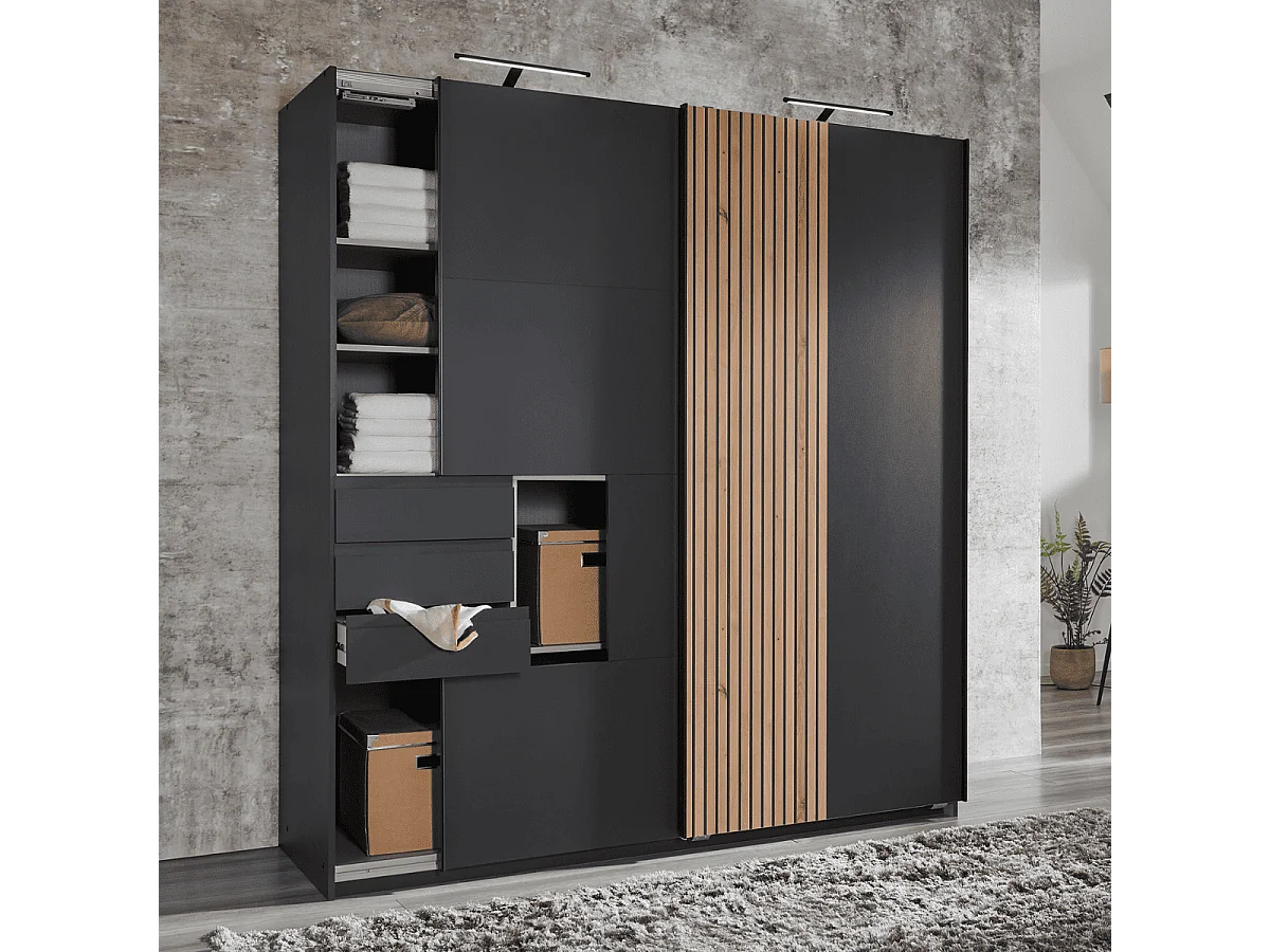 Schrank 2 Schiebetüren mit 3 Schubladen L180 cm - COBURG