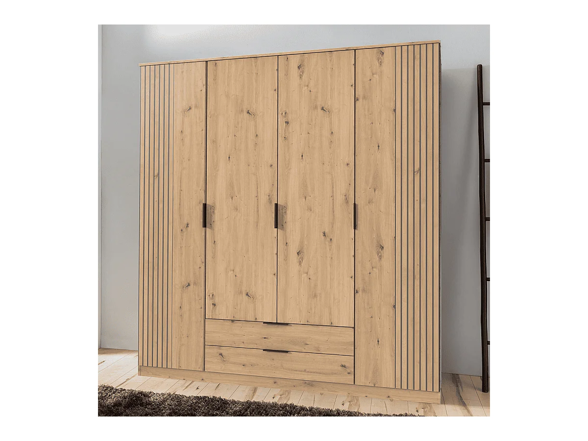 Armoire 4 portes battantes et 2 tiroirs L180 cm - LUEBECK