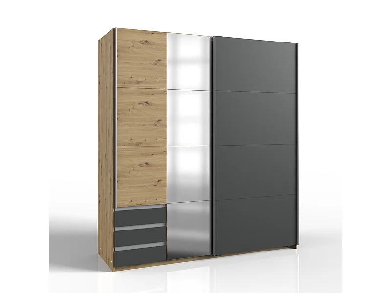 Armoire 2 portes coulissantes avec 1 miroir et 3 tiroirs H198 cm - AURICH